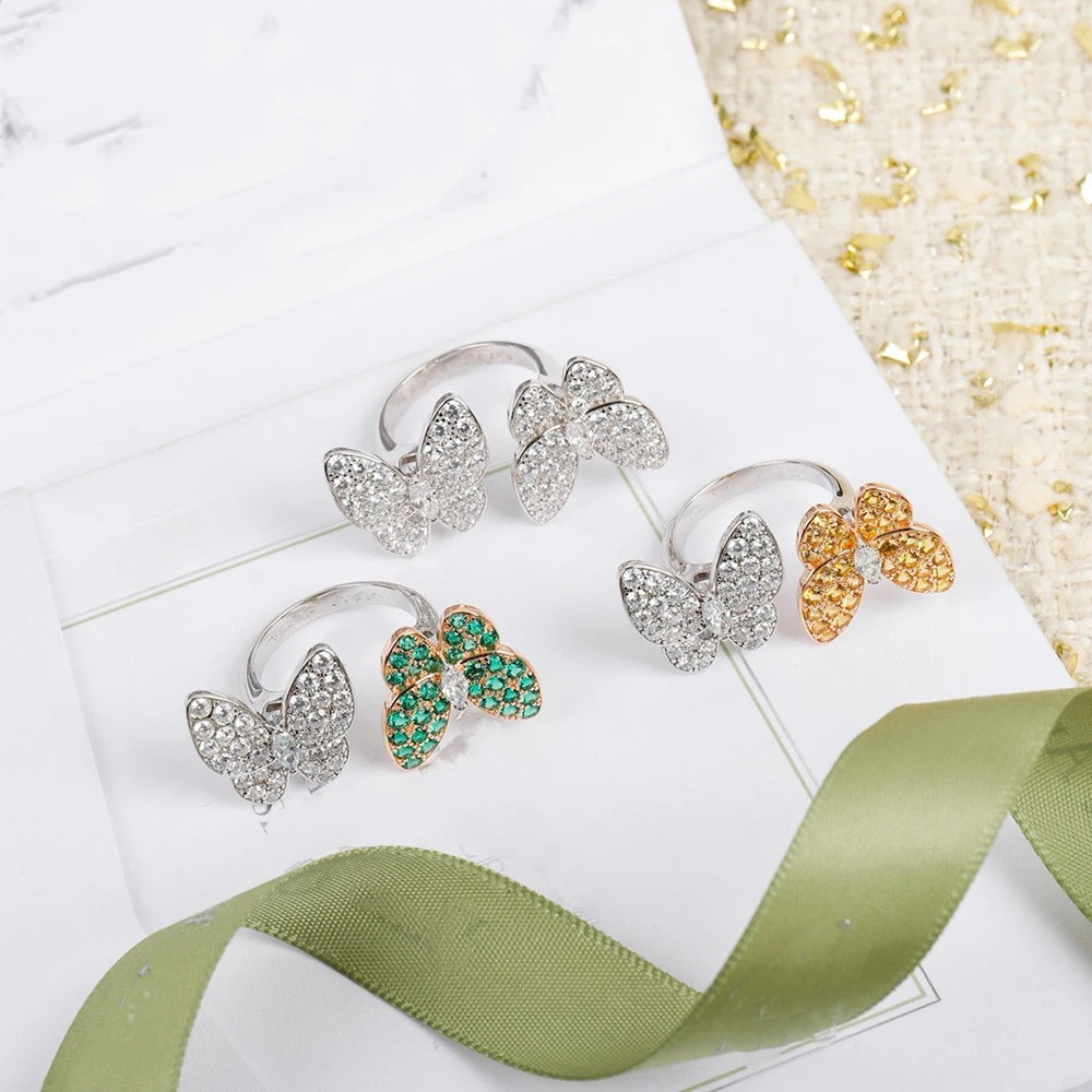 

2023 New Luxury Brand Jewelry 925 Sterling Silver Diamond Ring 2 Colors Butterfly Open Rings Women's Fashion Party Gift