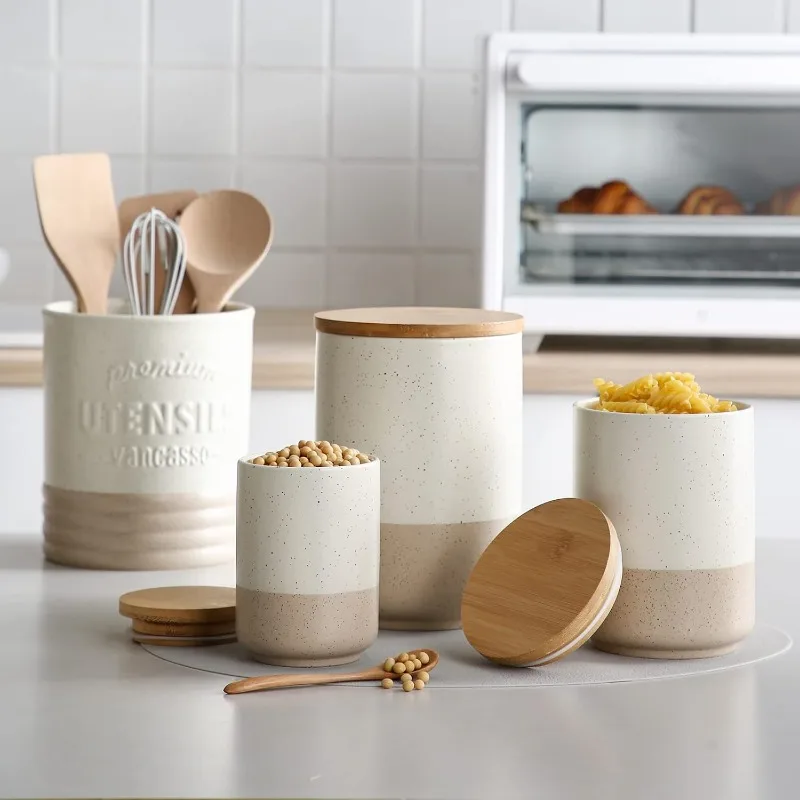 Sabine Ceramic Food Storage Jar, Kitchen Canisters with Airtight Seal Wooden Lid for Serving Ground Coffee, Tea, Sugar