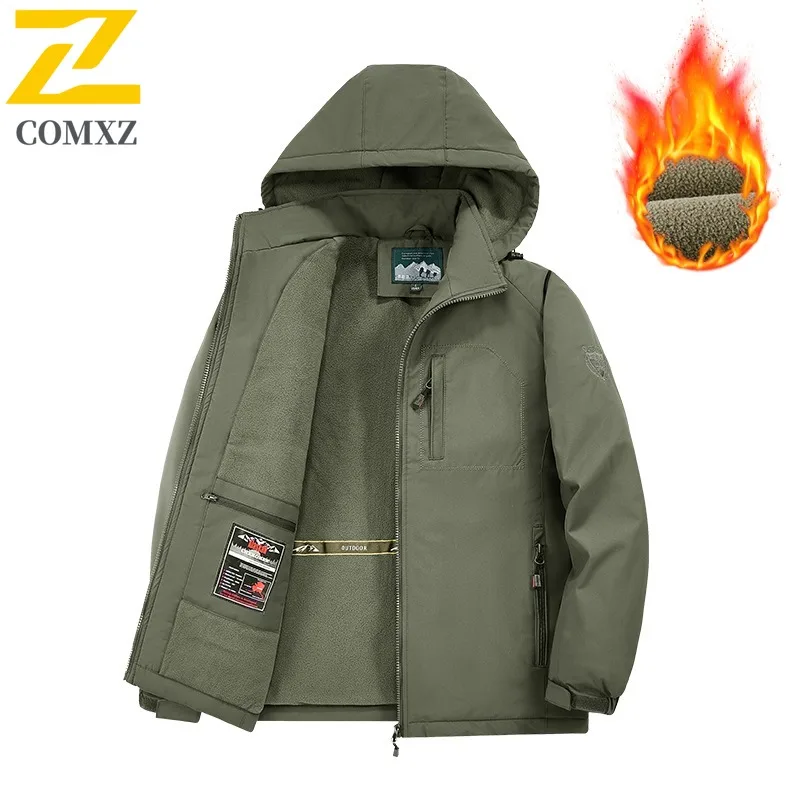 Workwear Style Mid Length Jacket for Men Plush Lined Windbreaker Cold Weather Windproof Multi Pocket Design Outdoor Casual Parka