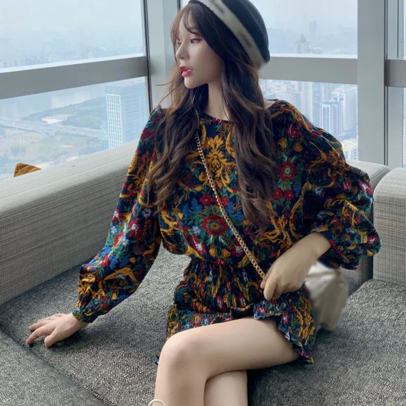 High Waist Bag Hip Skirt Lantern Sleeve Floral Slim Fit Waist Spring And Autumn Dress 11