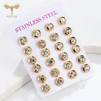 12 Pairs Golden Stainless Steel Stud Earrings Set Geometric Round Crystal Earrings Wholesale Jewelry Woman Man Accessories Gifts 2