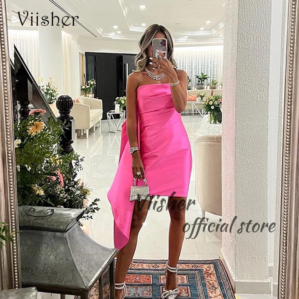 

Viisher Pink Short Prom Party Dresses Pleats Satin Strapless Evening Dress with Train Sexy Cocktail Gala Gowns Night Club Wear