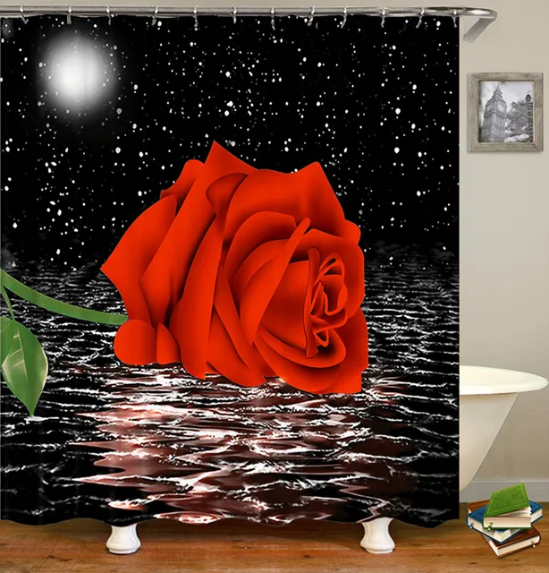 Rose Flower Shower Curtain Set Non-Slip Rugs Bath Mat Toilet Lid Cover and 12 Hooks Waterproof Polyester Bathroom Decor P-1PC Shower Curtain