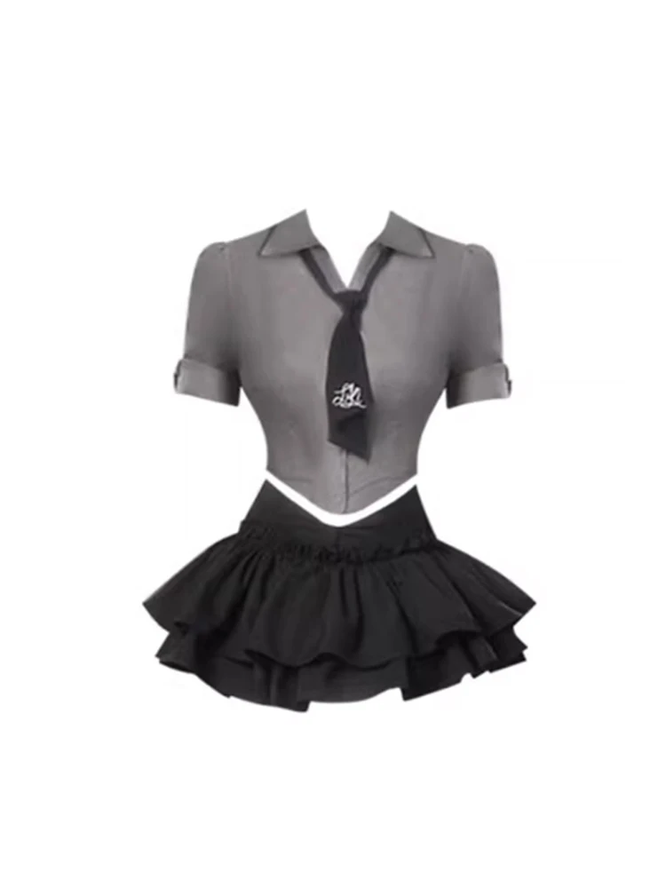 

Preppy Style Summer Tide Fashion Gyaru Y2K Outfits 2 Piece Set Polo-Neck Crop Tops Single Breasted+ A-line Pleated Skirts Gothic
