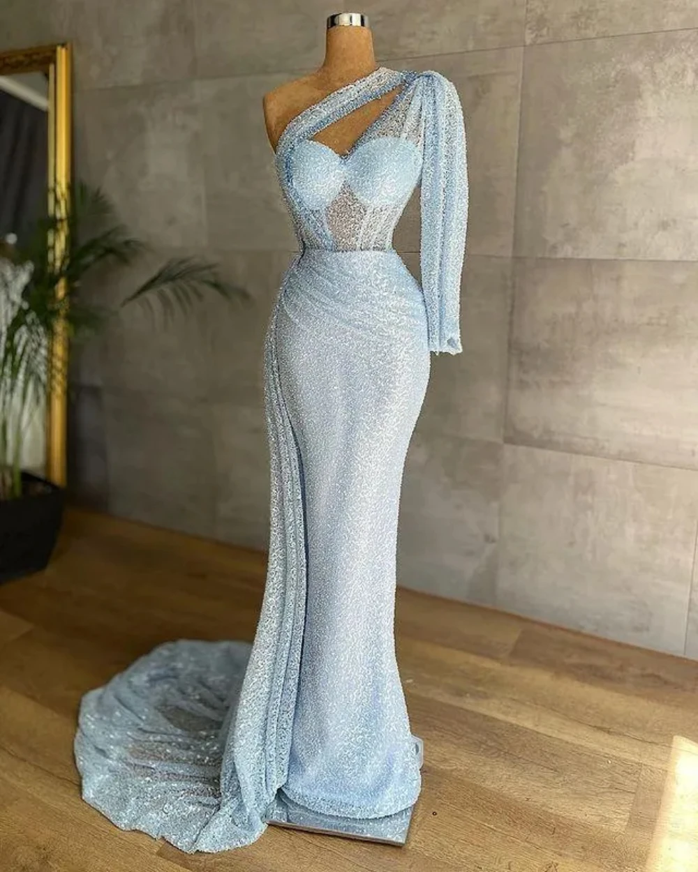 

Mermaid Crystal Beaded Luxury Evening Dress Sexy single rotator cuff wrap hip with floor length elegant ladies PROM party dress