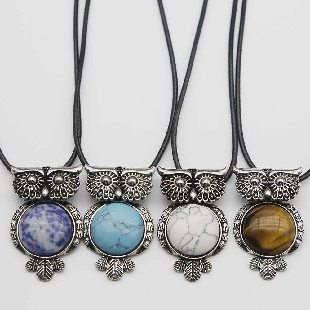 Natural Semi Precious Stone Vintage Copper Plated Owl Cute Pendant Leather Rope Necklace Charm DIY Jewelry Making Wholesale 8Pcs