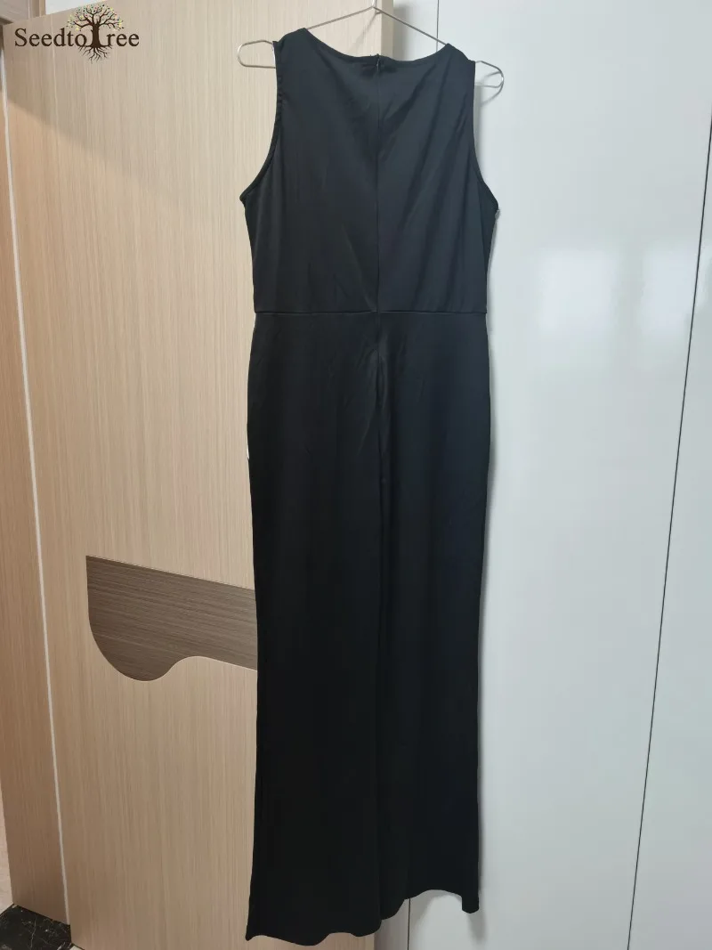 Sexy V Neck Thick Strap Colorblock Bootcut Rompers Women Jumpsuit Workwear (No Belt)