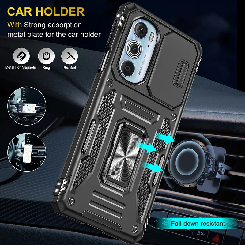 Armor Shockproof Phone Case with Sliding Window Lens Protection and Metal Ring Holder Back Cover