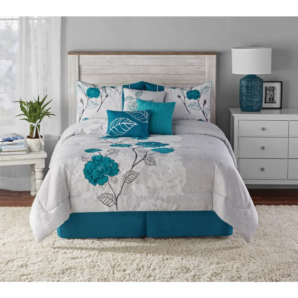 

7-Piece Teal Roses Comforter Set, Full/Queen, with Embroidered Applique Detail Bedding Set