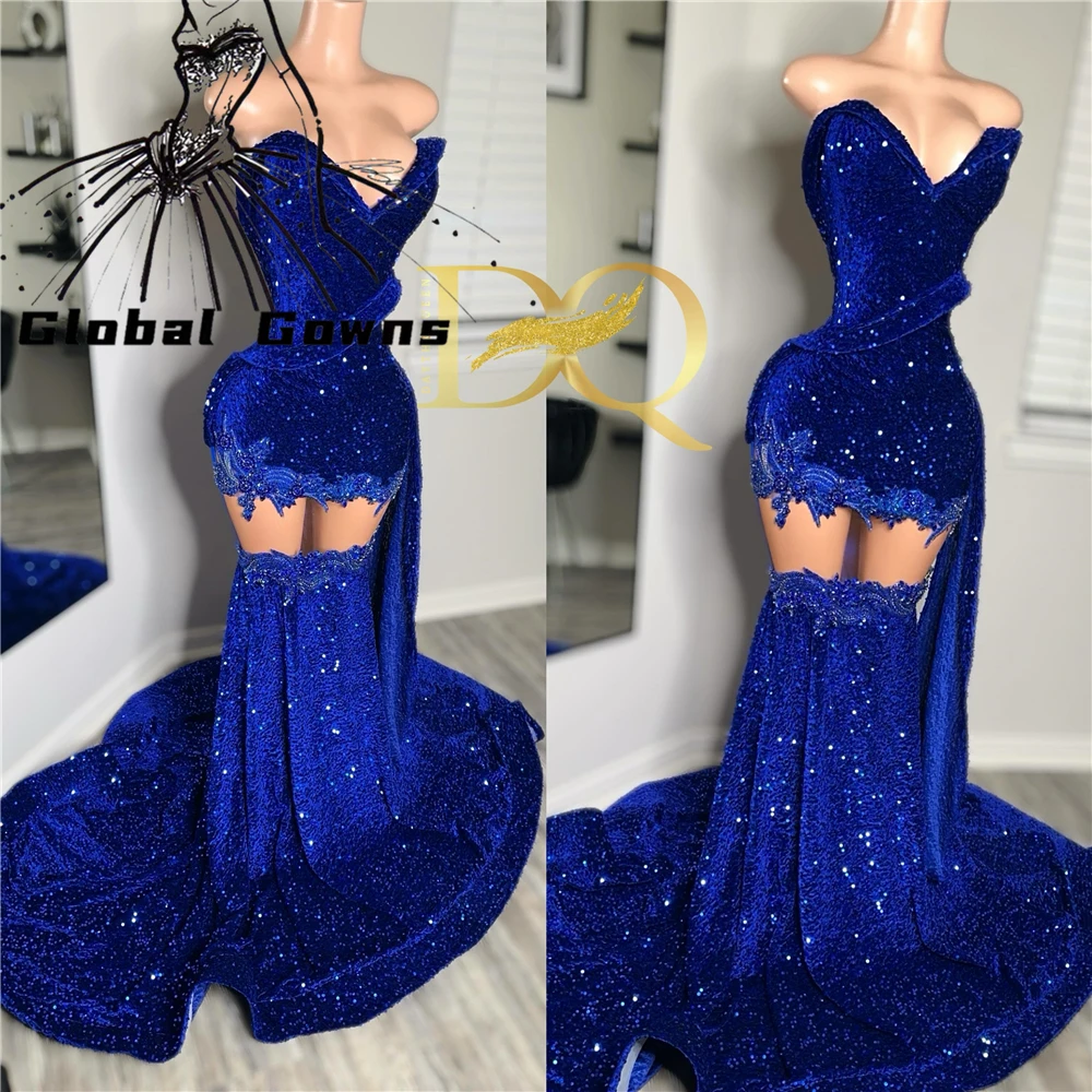 

Royal Blue Sweetheart Long Prom Dresses For Black Girl Mermaid Birthday Party Dress Appliques Evening Gown Robe De Bal