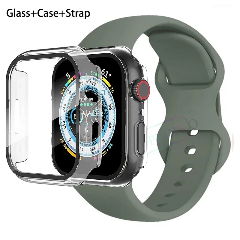 Premium Silicone Apple Watch Band with Glass Case and Strap - Compatible with All Series