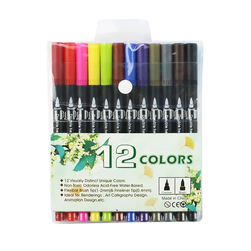 12pcs/Box Dual Tip Hook Line Pens Colored Markers Soft Head