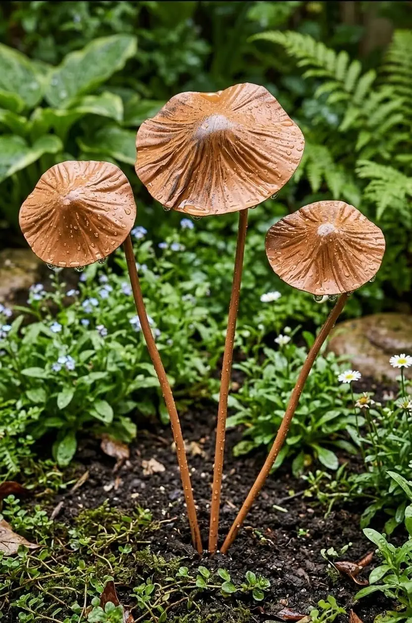 3-teiliges Vintage Metall-Pilz Gartendekoration-Set Braune Eisenkunst für Außenbereich Blumenbeet Rasen Topf Hof Deko Ideales Geschenk