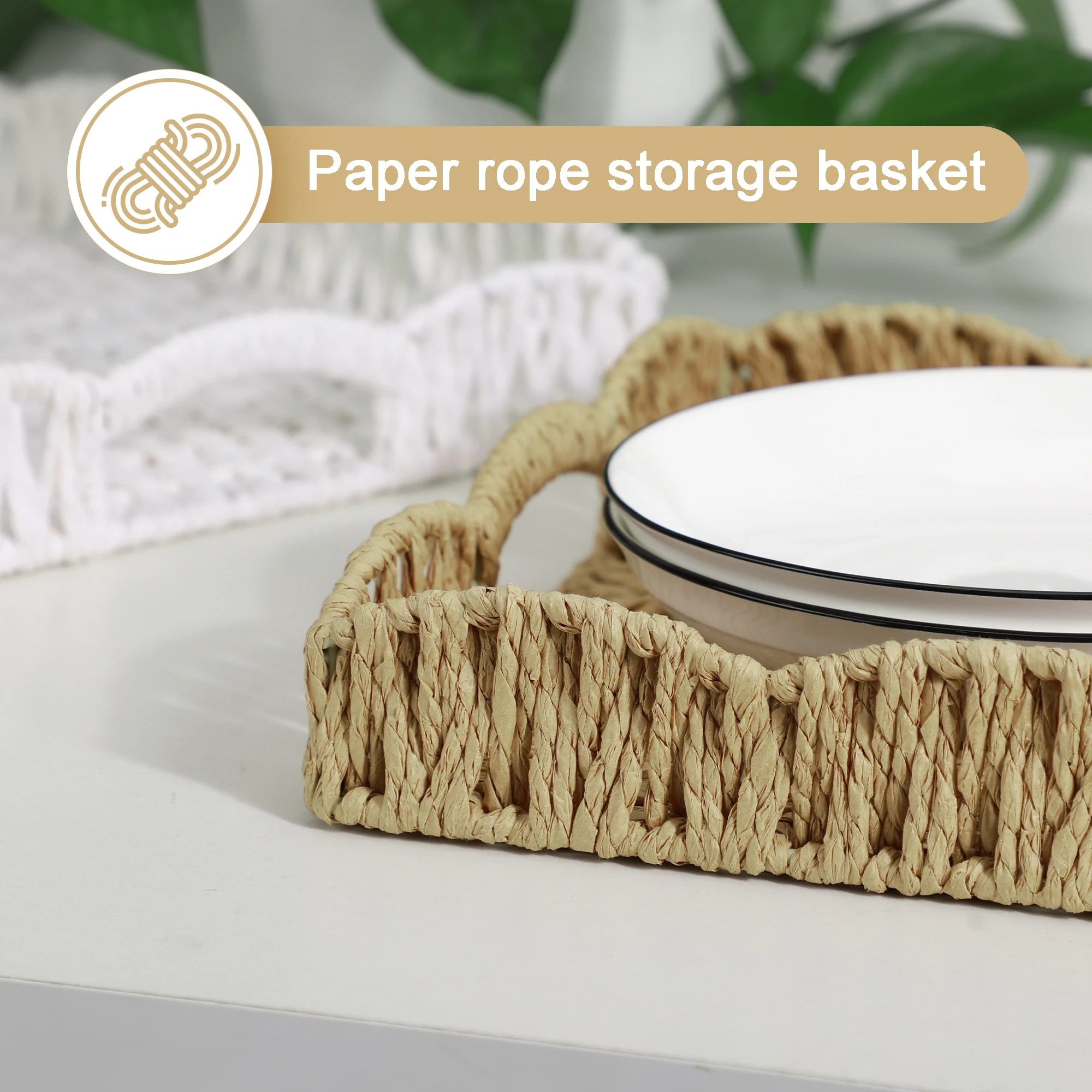 Scalloped Paper Rope Woven Storage organizer Basket Woven Rattan Baskets with Handle Tray Shelf Decorative Fruit Storage Baskets