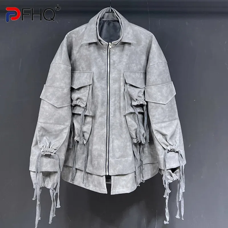 

PFHQ Men's Loose American Motorcycle Zippers Jackets Handsome PU String Design Personality Stand Collar Tide Coat Autumn 21Z4257