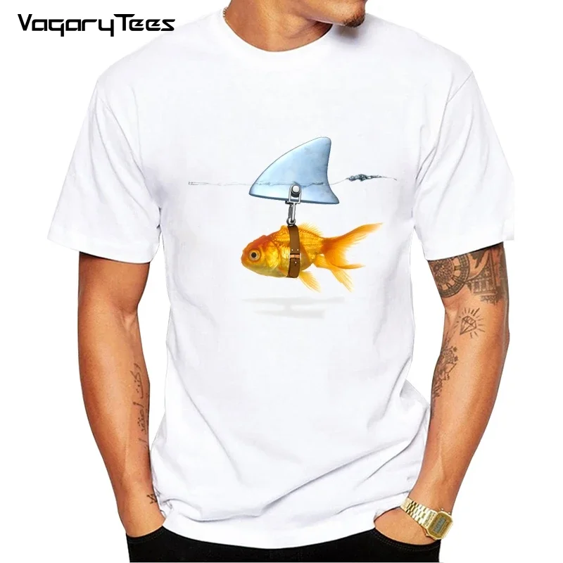 

Funny New design Goldfish And Shark Brand Fish Cool Printed Men's Casual T-shirt Male Retro Hipster Tops Tee