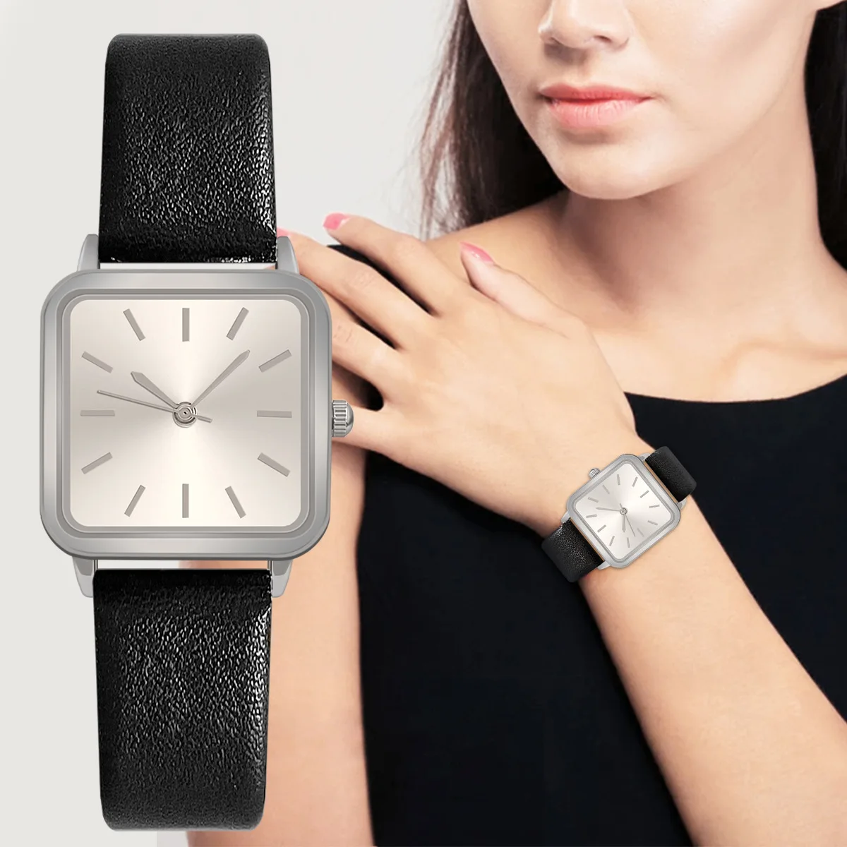 

New Ladies Belt Quartz Watch Square Case Silver Lettering Face Female Students Pu Strap Watch Small Square Sugar Reloj De Mujer