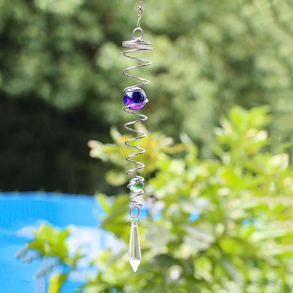 Metal Spiral Crystal Ball Hanging Wind Chime Glass Double Bead Pendant Home Wedding Outdoor Garden Decoration Yard Bird Repeller 2