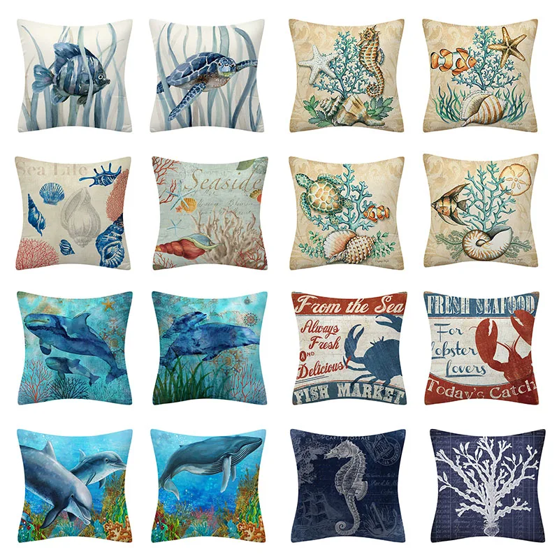 

Marine Lifes Pattern Pillowcase Blue Cushion Cover 45X45 Sea Turtle Conch Decorative Throw Pillows Polyester Sofa Cushion Nordic