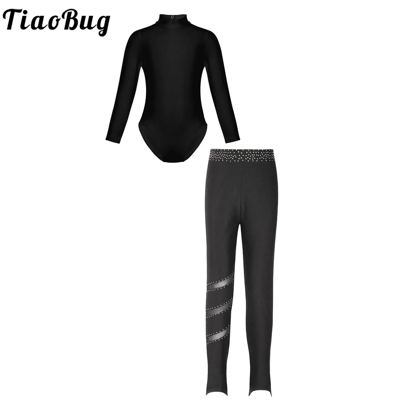 

2PCS Kids Girls Sports Set Long Sleeve Mock Neck Leotard with Sparkly Rhinestones Leggings Gymnastics Dance Performance Costumes