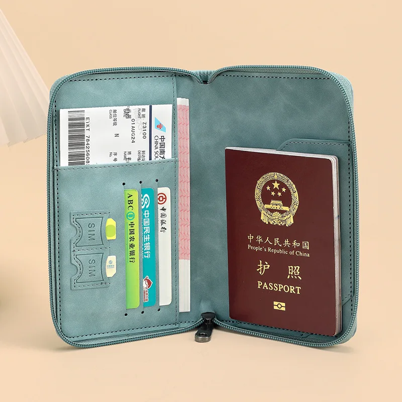 RFID Blocking Passport Holder Pu Leather Wallet Passport Cover Portable Multi-function Zipper Ticket Clamp Travel Accessory