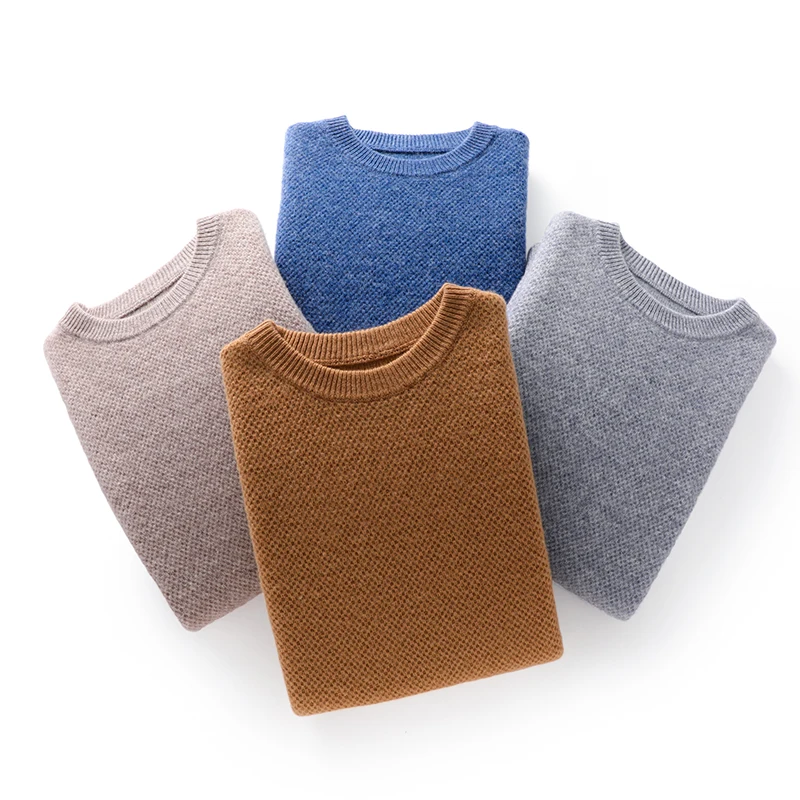 2023 Autumn/Winter New 100% Pure Wool Round Neck Fashion Honeycomb Solid Color Pullover Casual Fit Comfortable Soft Sweater Men