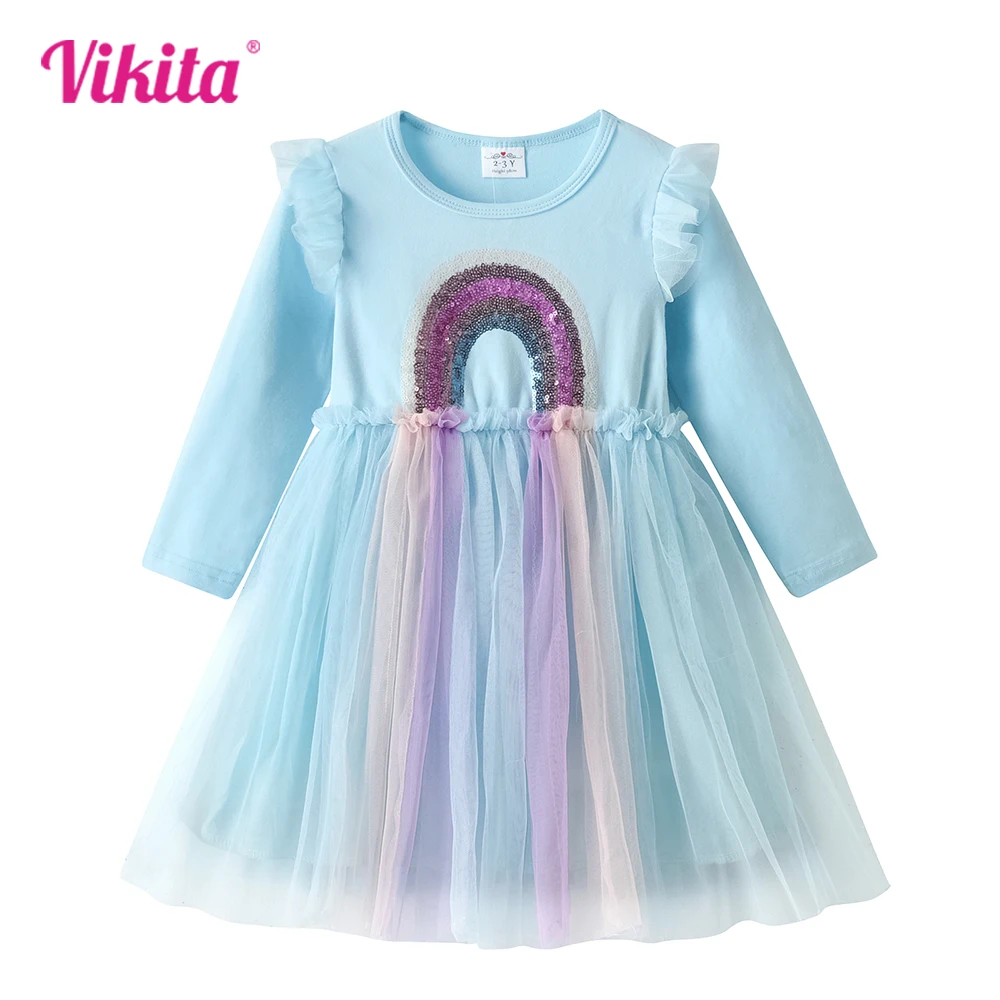 

VIKITA Girls Rainbow Sequined Dress Kids Flare Sleeve Long Sleeve Autumn Spring Vestidos Girls Mesh Princess Elegant Costumes