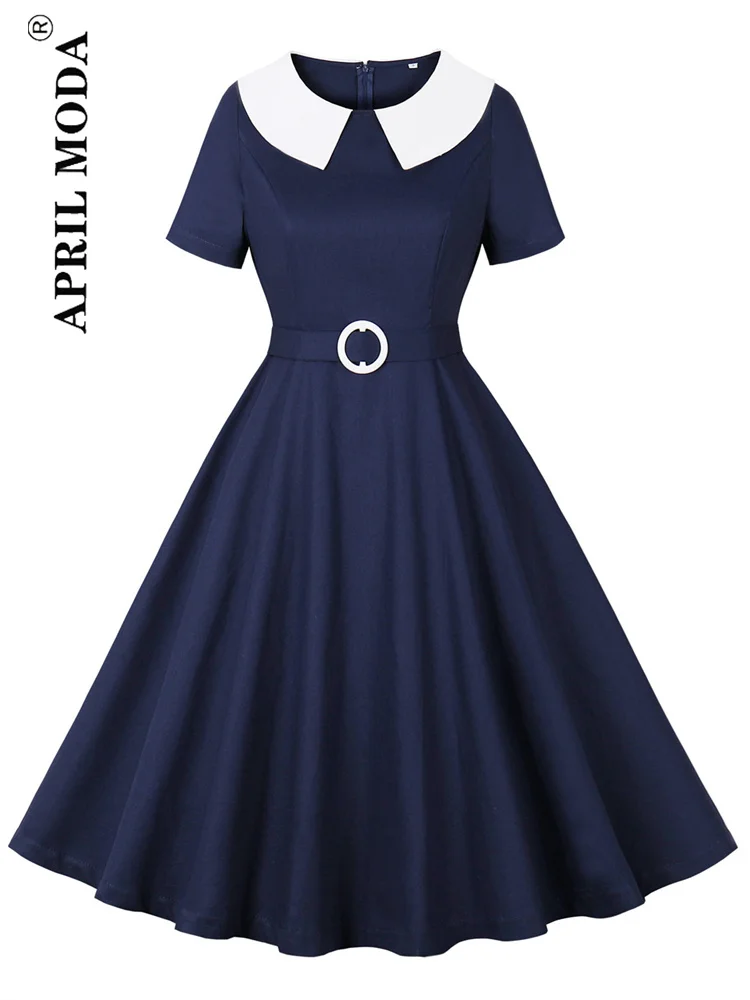 

French Style 1950s Hepburn Vintage Casual Swing Dress Cotton Elegant Women's Flare Tunic Midi Sundress Pinup Rockabilly Dresses