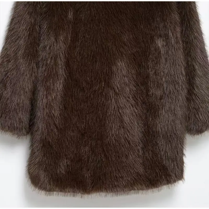 Chaqueta de piel sintética marrón de lujo para mujer, abrigo grueso y esponjoso de manga larga con solapa extragrande, ropa de calle cálida de lujo para invierno.