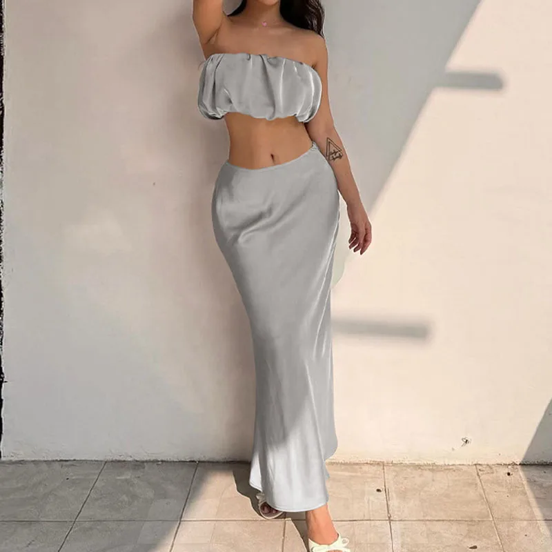 TARUXY One-Shoulder Strap Crop Top Slim Skirt Suit For Women Sexy Satin Top Solid Long Skirt Female Party Summer Two Pieces Set