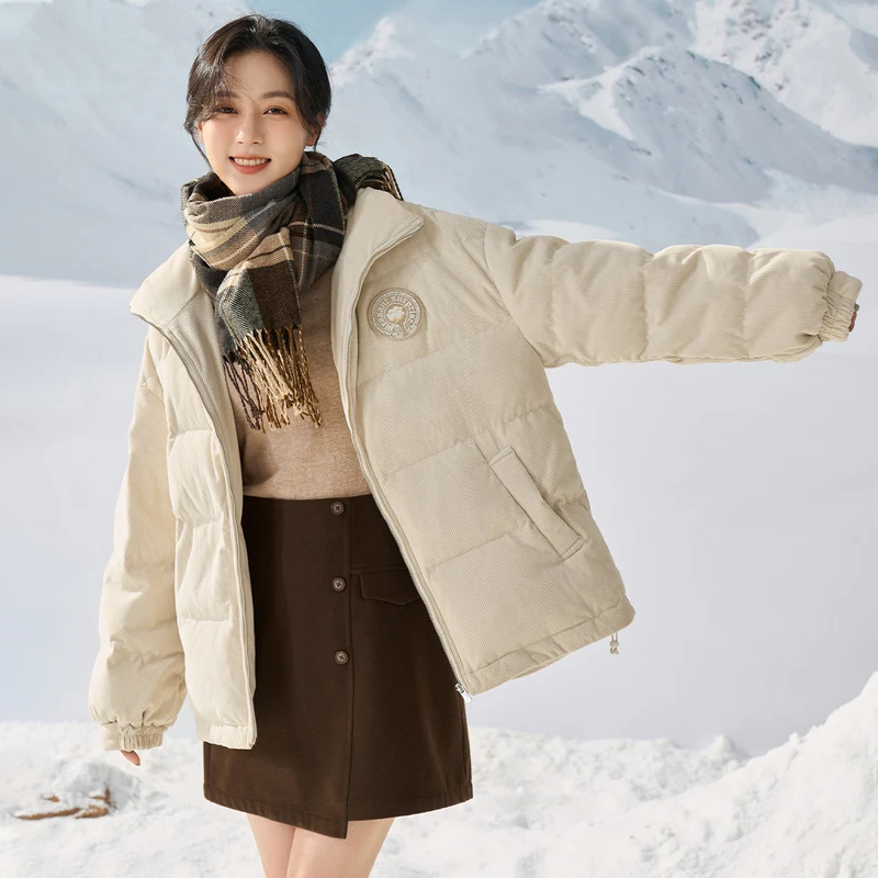 INMAN Women Down Jacket Winter Long Sleeves Stand Collar Loose 90% White Duck Down Coat Embroidery Casual All-match Outwear