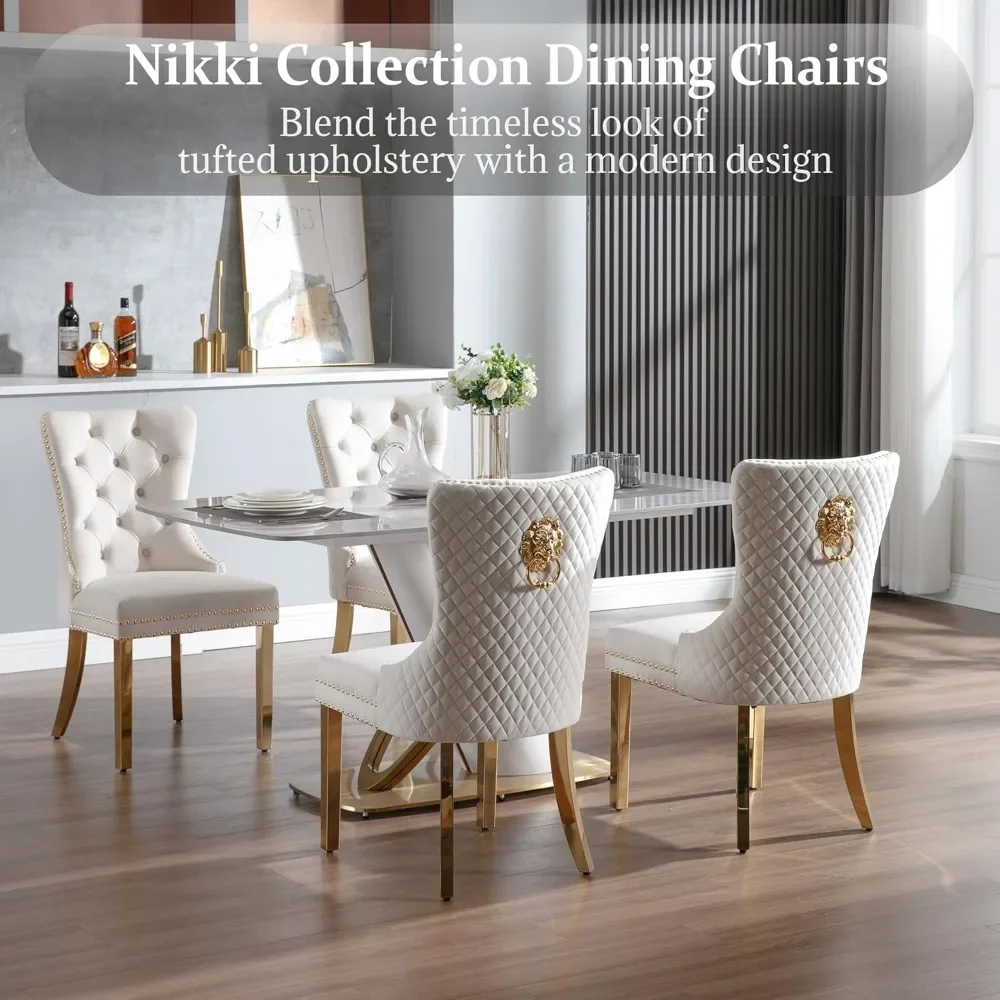 Dining Chairs Set of 2, Luxury Velvet Tufted Legs & Nailhead Trim, Back Lion Head Pull Ring & Rhomboid Pattern, Kitchen Chair 3