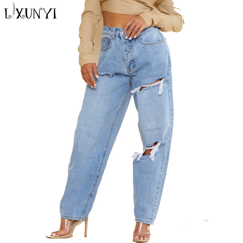 LXUNYI High Waist Loose Straight Washing Denim Trousers Cross Harlan Pants Street Style Ripped Hole Casual jeans Woman Blue