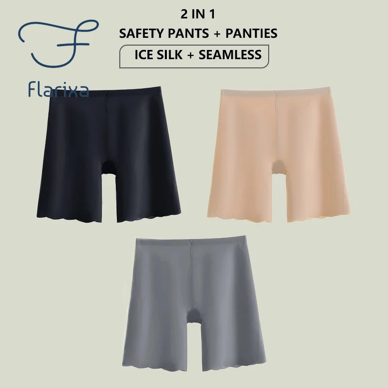 High Waist Panties Flarixa 2 in 1 High Waist Seamless Ice Silk Safety Pants Women' Panties Wave Breathable Short Under Skirt Tights Women Underwear