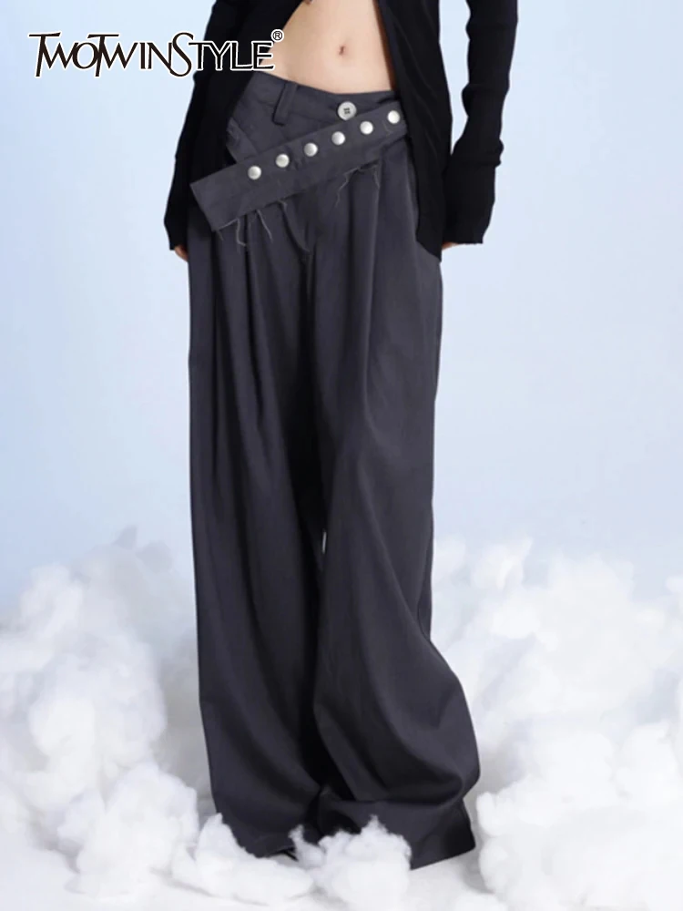 

TWOTWINSTYLE Solid Patchwork Irregular Belt Loose Pant For Women High Waist Spliced Button Casual Wide Leg Pants Female Fashion