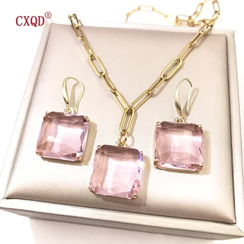 Women's Colorful Clear Square Glass Pendant Necklace Earrings Set  Stainless Steel Chain Fashion Charm Jewelry Accessory Gifts 1
