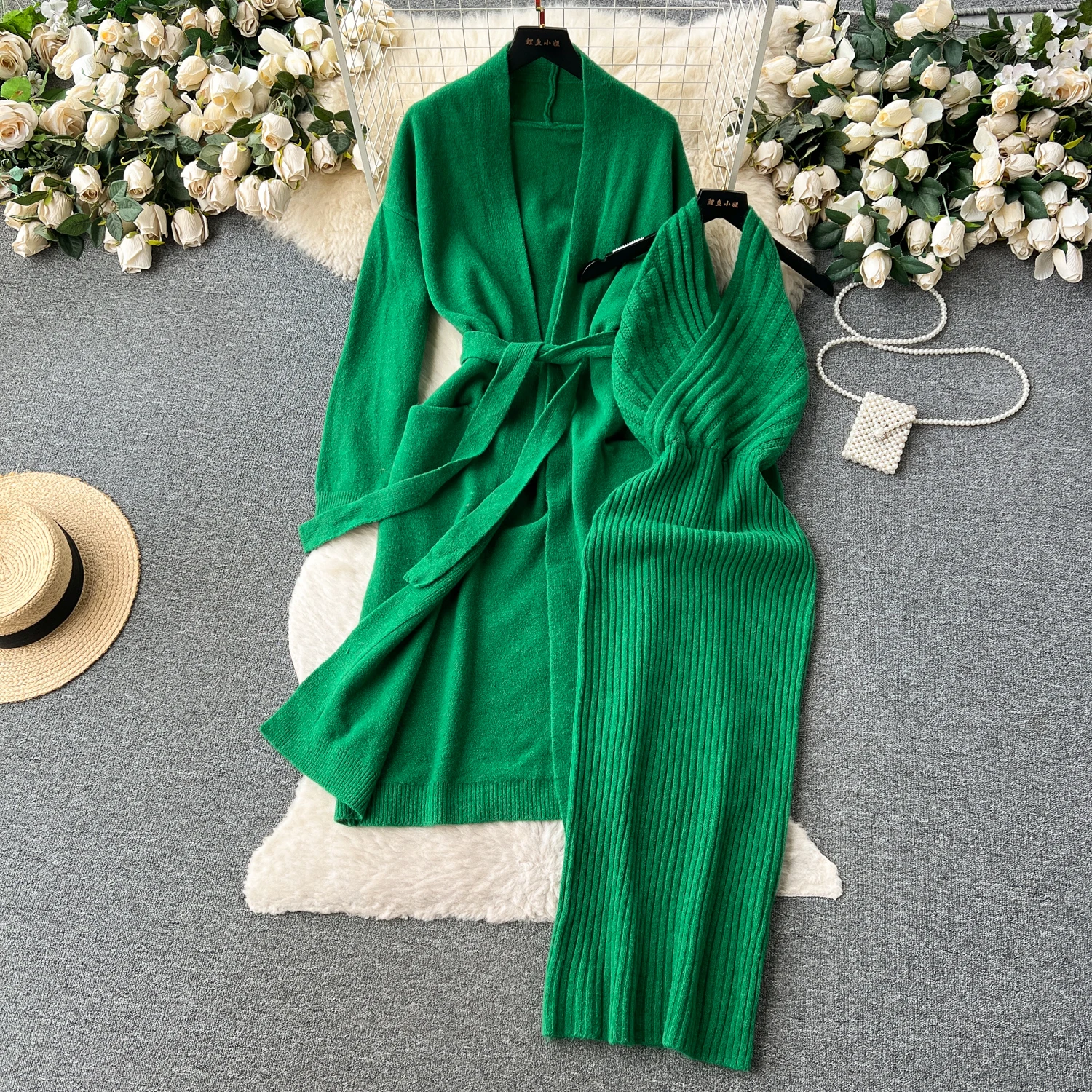 

Women Elegant Knit Two Pieces Sets Sweater Long Sleeve Cardigan and Stretch Bodycone Halter Dress Autumn Winter Pencil Dress