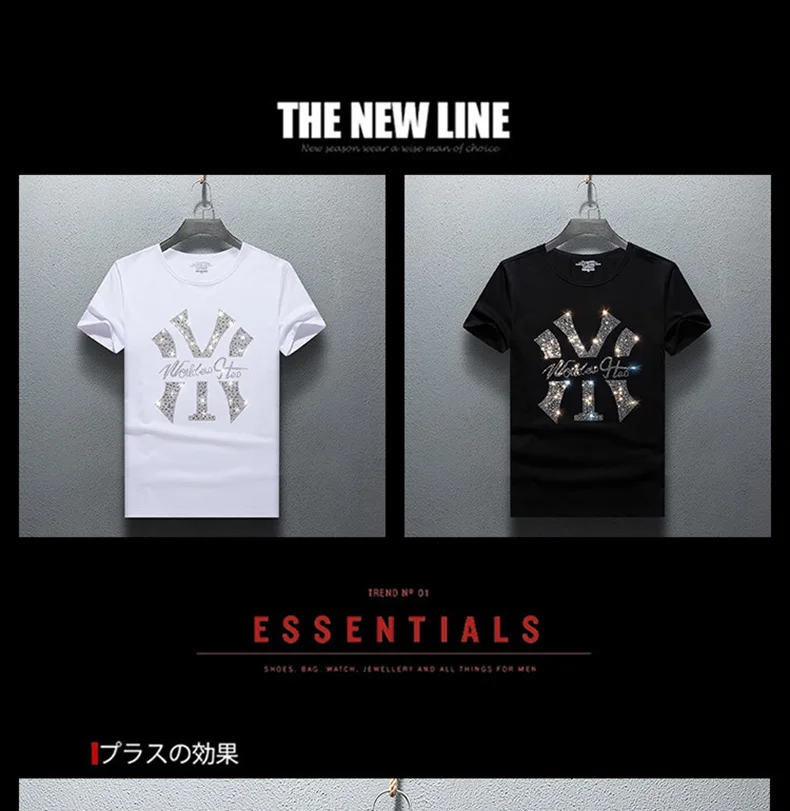New Men Luxury Rhinestones Fashion T-Shirt High Quality Black