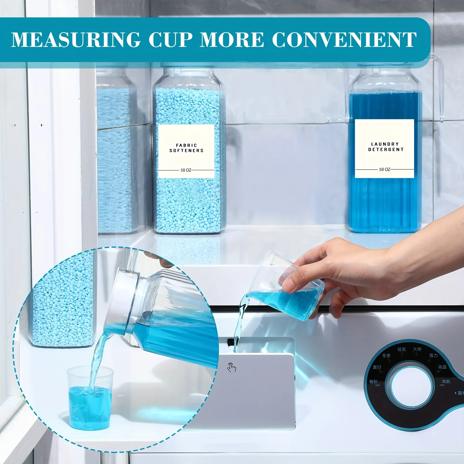 2 Pcs Laundry Detergent Dispenser Fabric Softener Dispenser Organizer Box with Measuring Cups Laundry Soap Bleach Container 4