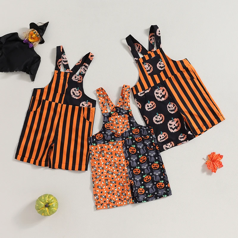 

9M-4Y Toddler Kids Baby Girls Boys Halloween Suspender Shorts Cartoon Pumpkin Stripe Cat Print Bib Overalls Children Rompers