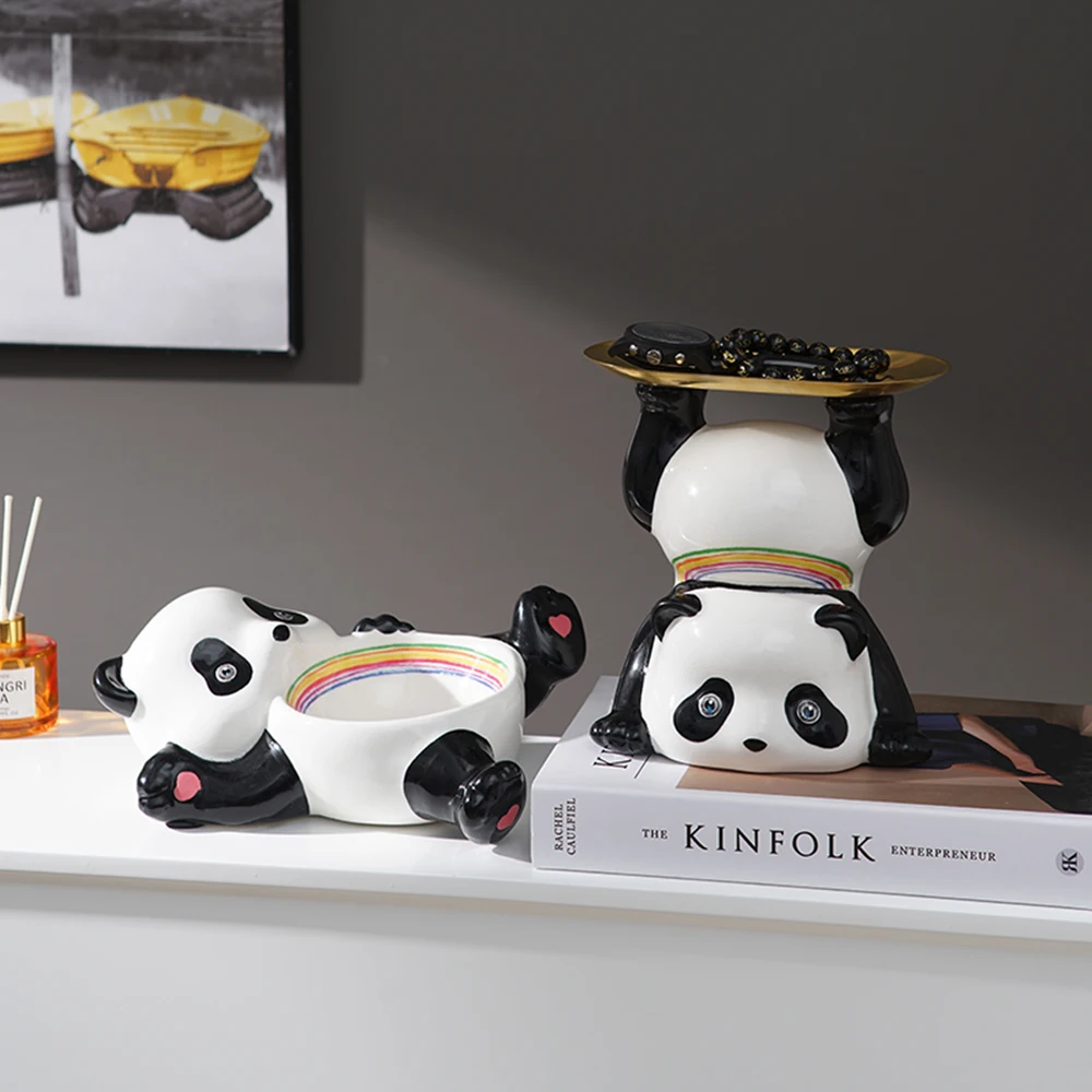 

Kawaii Panda Sculpture Storage Ornament Nordic Home Decoration Living Room Decoration Key Candy Storage Figurines for Interior