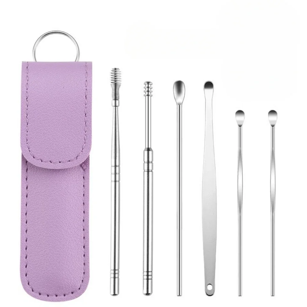 Stainless Steel Ear Digging Spoon Leather Cover 6pc Cleaner Scoop Double-Headed Spiral Cleaning Health Care Ear Picking Tool Set 6