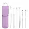Stainless Steel Ear Digging Spoon Leather Cover 6pc Cleaner Scoop Double-Headed Spiral Cleaning Health Care Ear Picking Tool Set 6