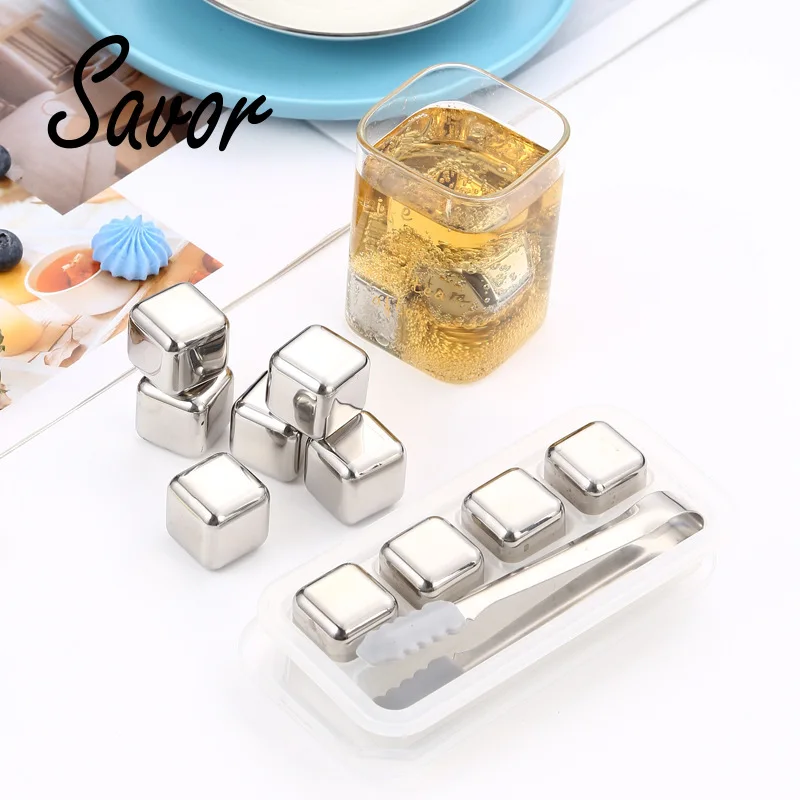 8PCS Reusable Wine Food Grade Cocktails Whiskey Stones Stainless Steel Ice Cubes Quick-Freeze Bourbonor Drink Bar Accessories