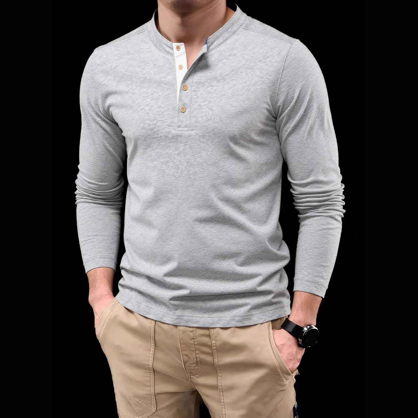 AIOPESON Schwergewicht Henley-Hemd für Herren, 100 % Baumwolle, Thermo-Langarm, einfarbig, Herbst-Winter, Knopfleiste, Arbeitskleidung, unverzichtbar
