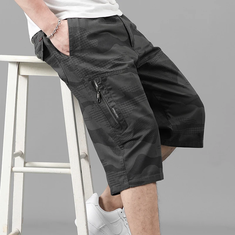 Summer Men's Elastic High Waisted Pockets Camouflage Straight Sweatpants Cargo Loose Vacation Printing Preppy Style Shorts 4