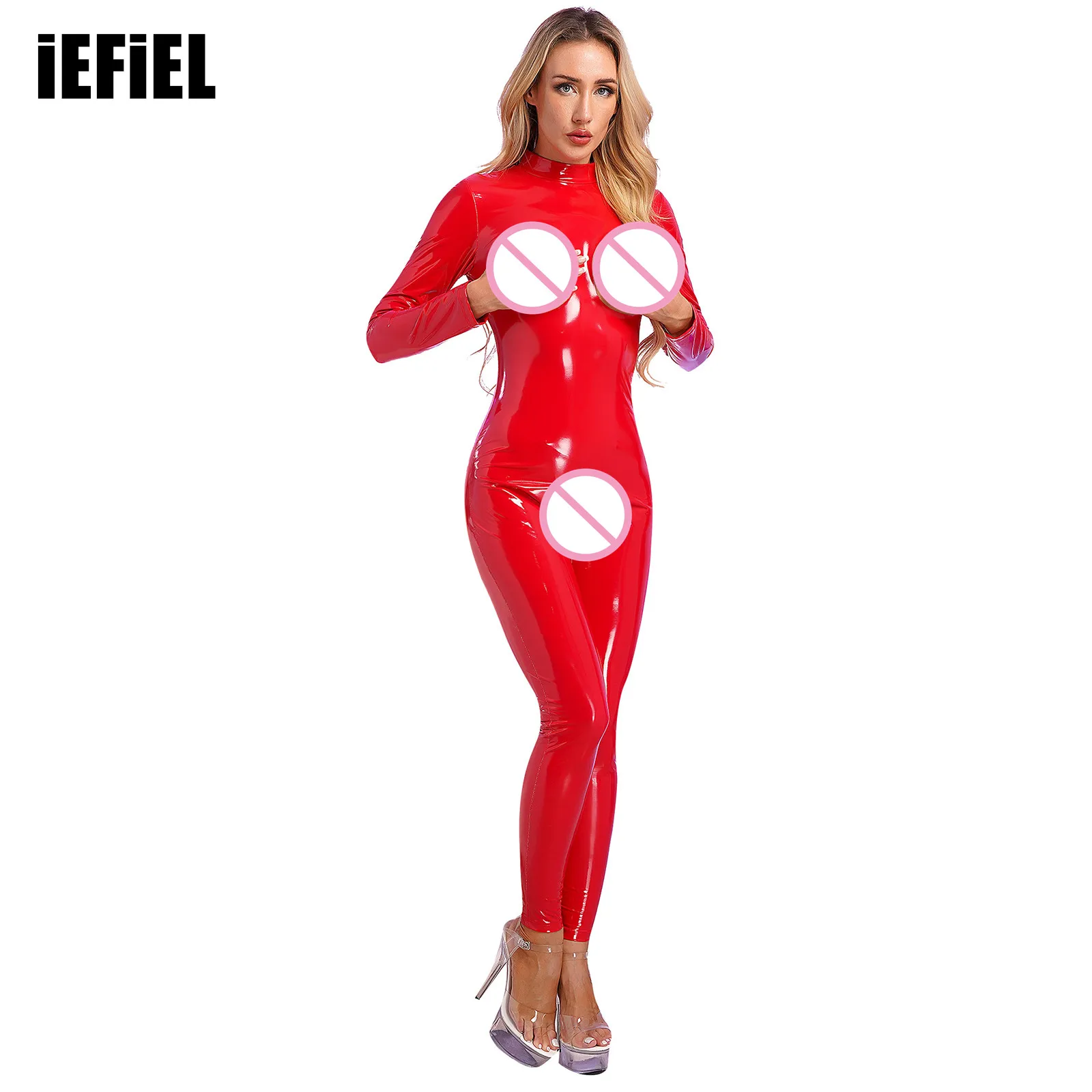 

Womens Hollow Out Crotchless Jumpsuit Open Chest Long Sleeve Catsuit Mock Neck Zipper Back Patent Leather Bodysuit