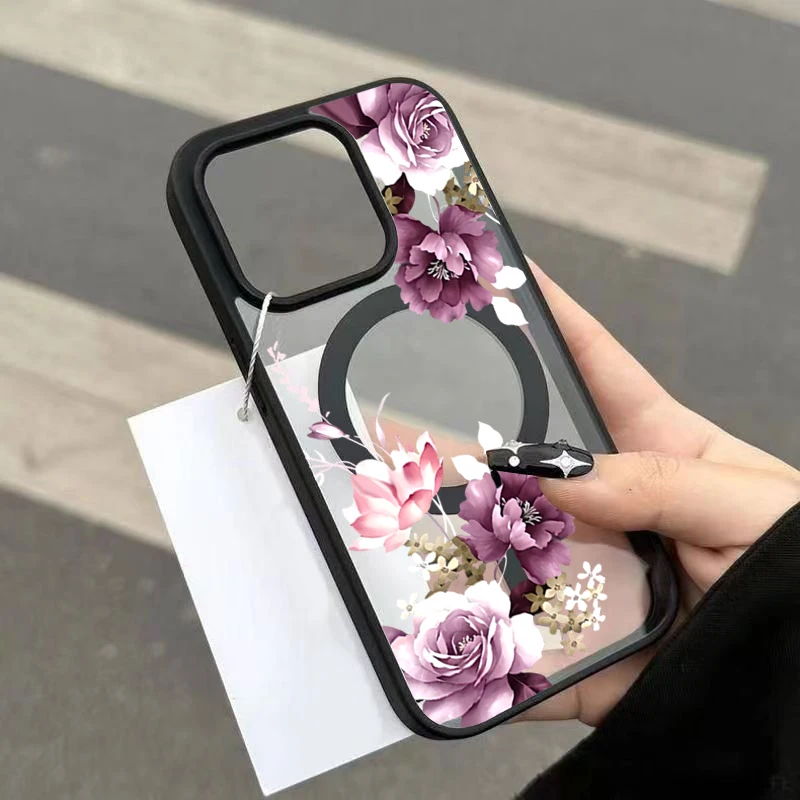 Lavender Pink Floral Print Wireless Charging Phone Case with Magnetic Cover