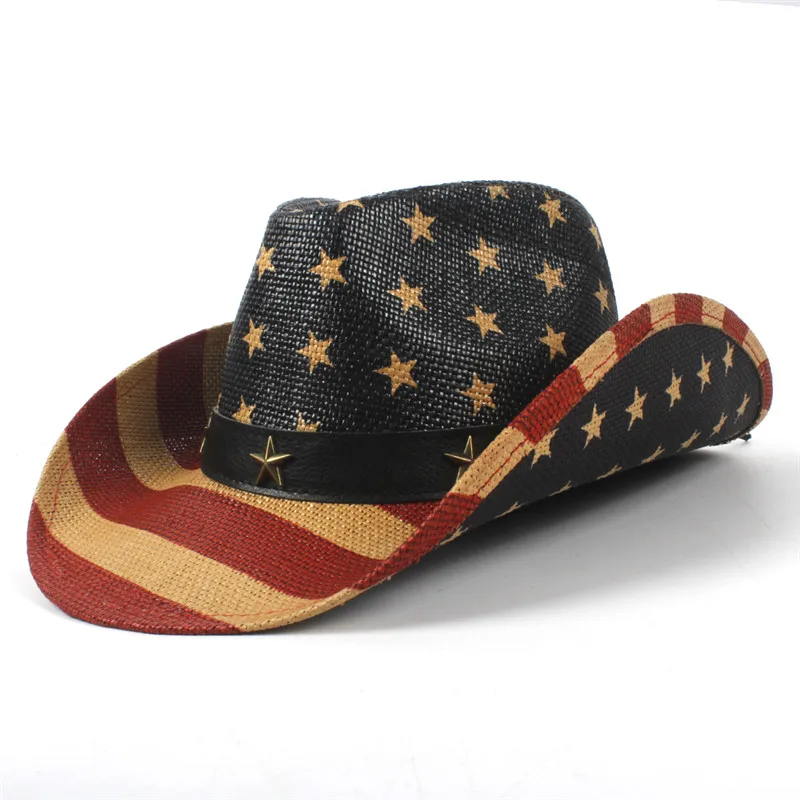 Summer Classic American Flag Cowboy Hats For Men Wide Brim Usa Cowgirl Chapeau Homme Cap Usa Flag Straw Cowboy Hat Dropshipping 6