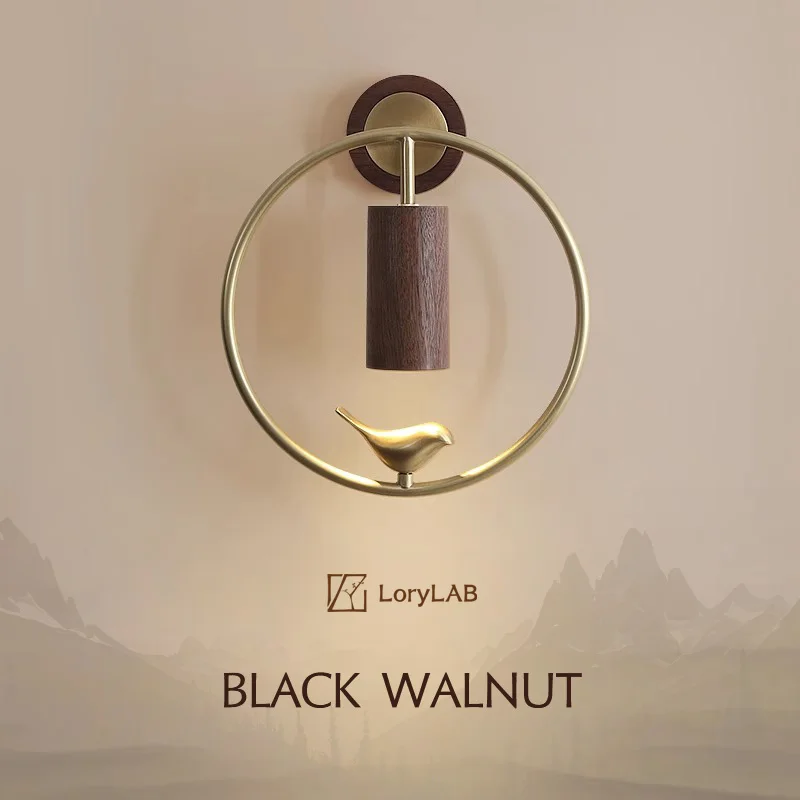 

Walnut Wood Circle Brass bird, Wabi-sabi Modern style, Wall Sconce light for Bedroom, Bedside, Living, Recreation, Study